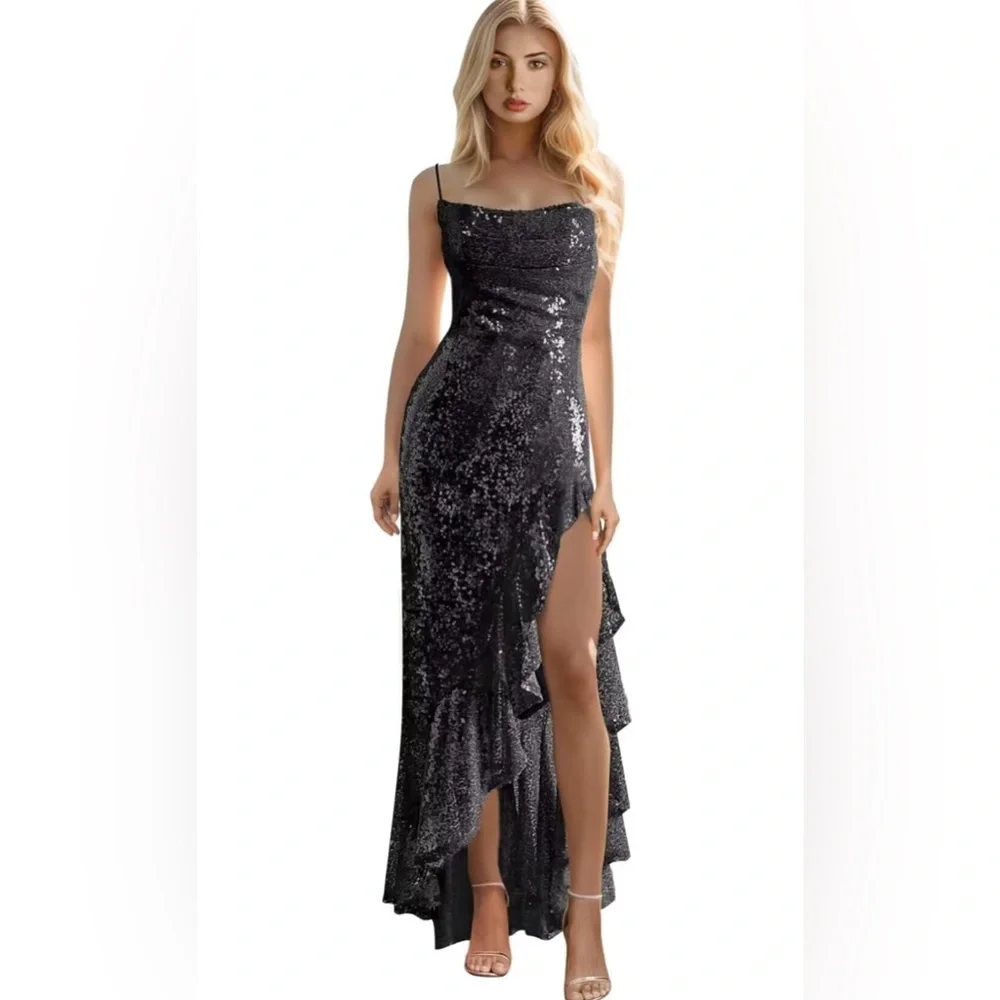 New Mermaid Sequin Dress Slit Spaghetti Strap Sparkly Ruffle Formal Evening Gown - Picture 1 of 8